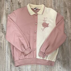 Vintage Pink and Cream Button-Up Sweater with Floral Embroidery